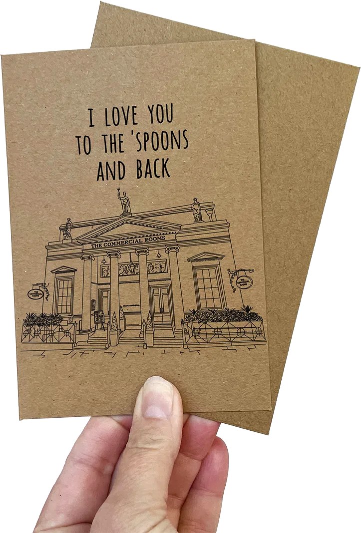 Greetings card showing the illustration captioned I love you to the 'Spoons and Back